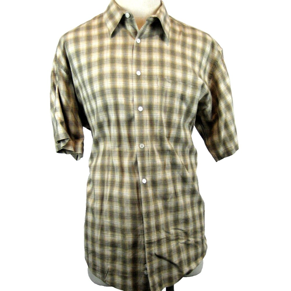 Men's Perry Ellis SS Cotton/Linen Blend Tan Checked Casual Shirt size XL